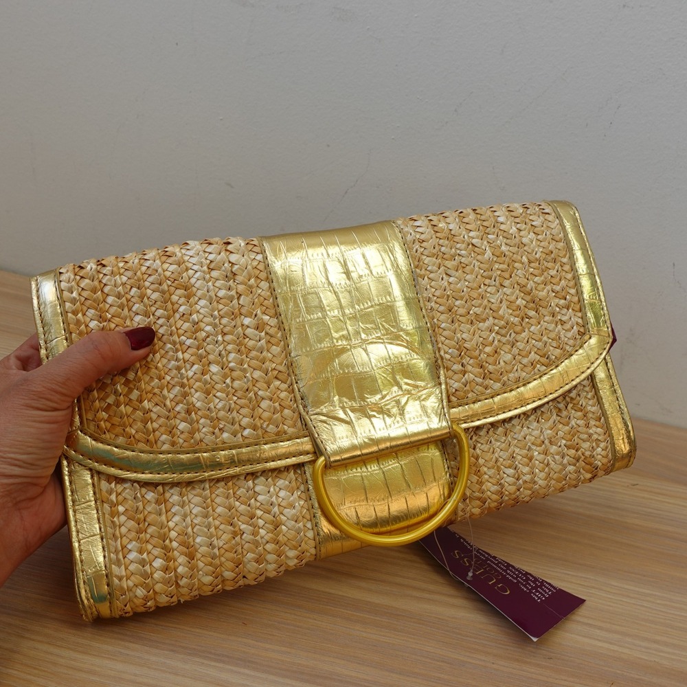 Gold Woven Straw Evening Clutch Bag GUESS Metallic Crocodile Trim Holiday Summer